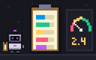 The auditor robot beside a clipboard with five coloured bars that grow longer, and a gauge whose needle climbs from 2.4 to 3.1.