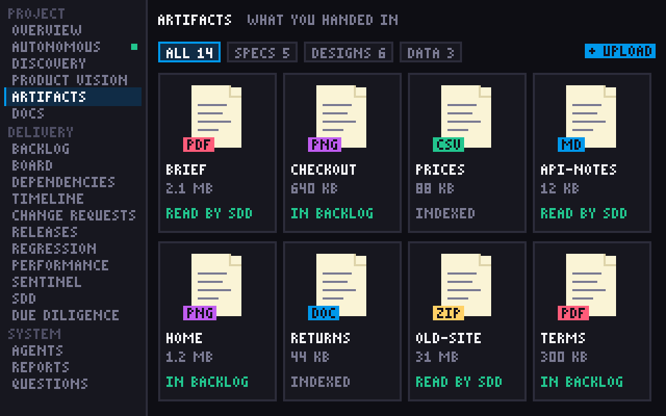 Artifacts screen: file cards for PDF, PNG, CSV, MD, DOC and ZIP files with their sizes and where each was used