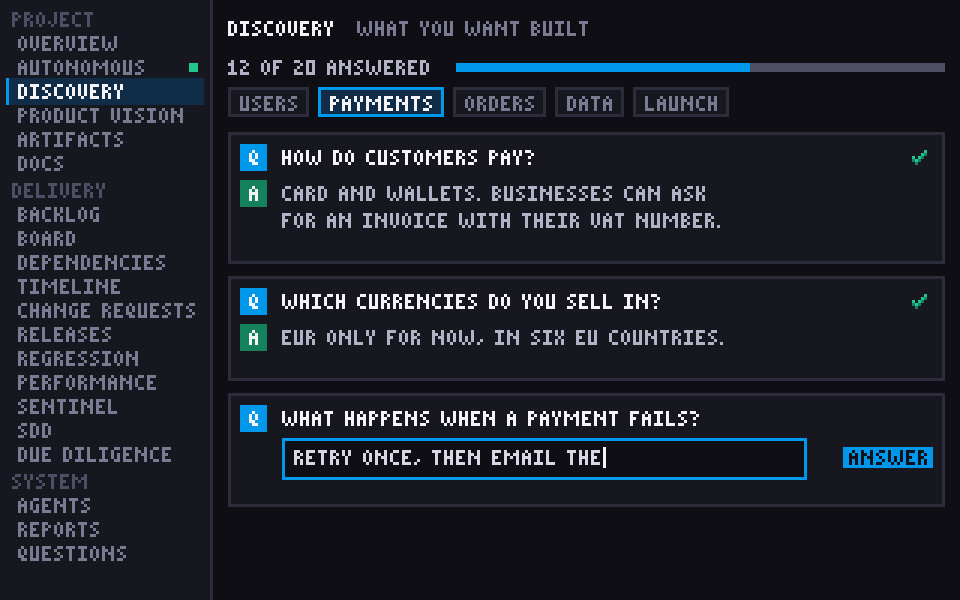 Discovery screen: question and answer cards by topic, with a progress bar and an answer being typed