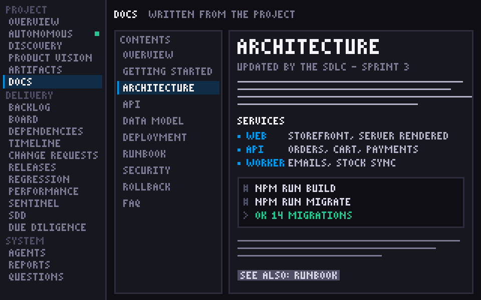 Docs screen: a table of contents beside an architecture page with services and a command block