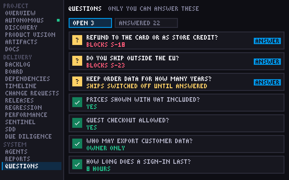 Questions screen: open and answered tabs above questions, the open ones marked as blocking a story